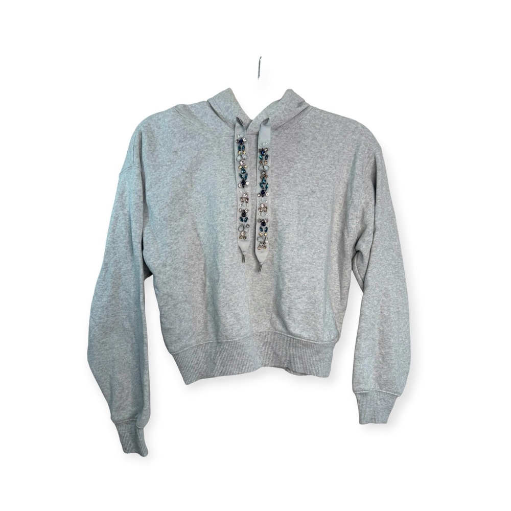 Express Cropped Heather Grey Sweatshirt Hoodie Embellished Drawstrings XXS